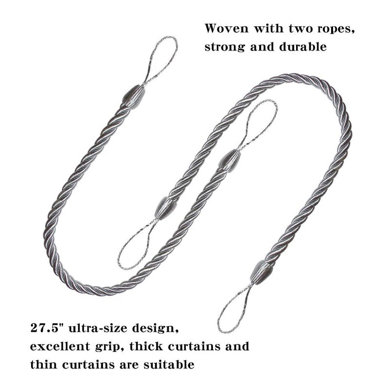 BEL AVENIR Curtain Ropes Tiebacks Tie-Backs, Curtain Handmade Holdbacks with 2 Metal Screw Hooks - Silver 2 Pack - Image 3